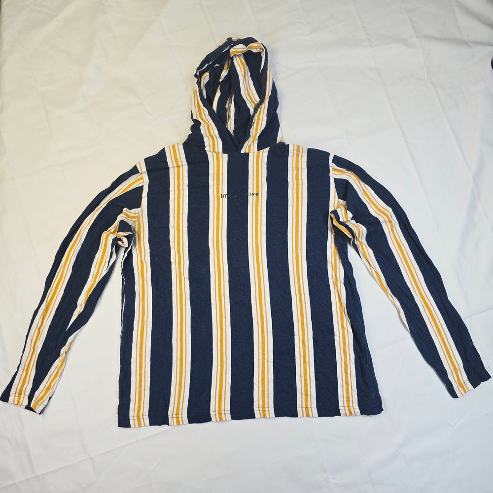 Denim & Flower Men's XL Blue White Yellow Striped Imaginative Hoodie Shirt